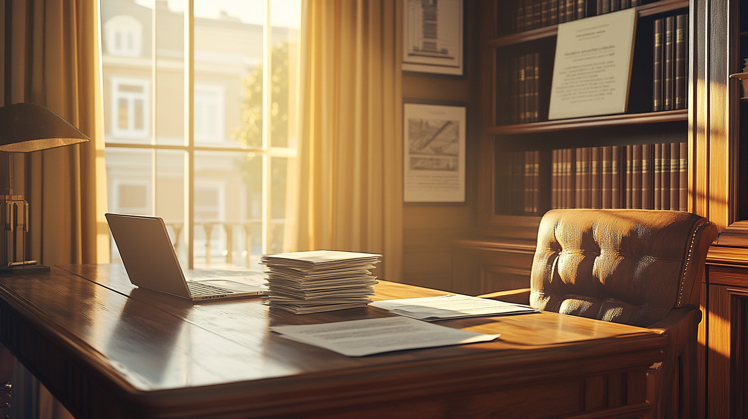 Professional lawyer's desk with modern technology