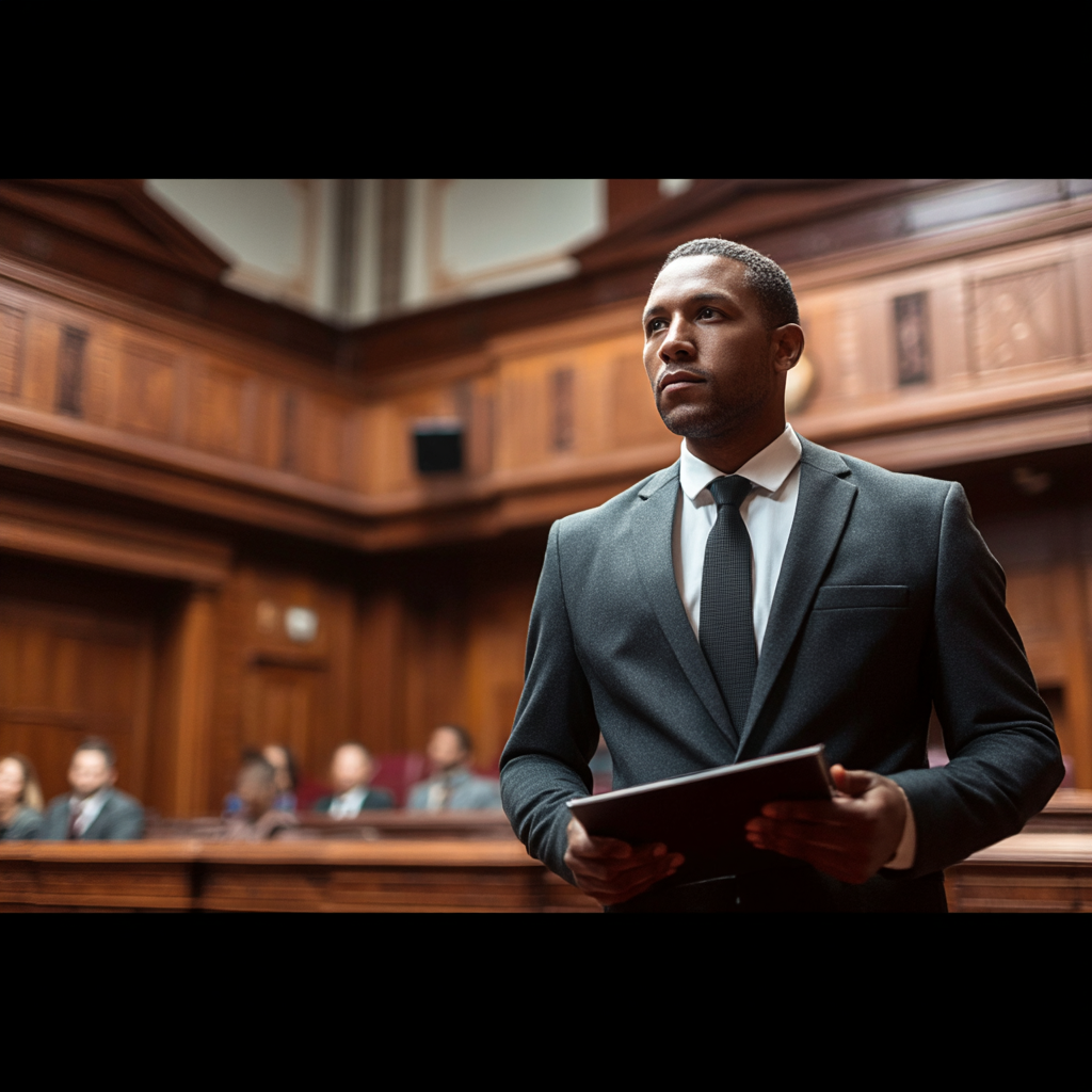 Lawyer in court speaking to a judge