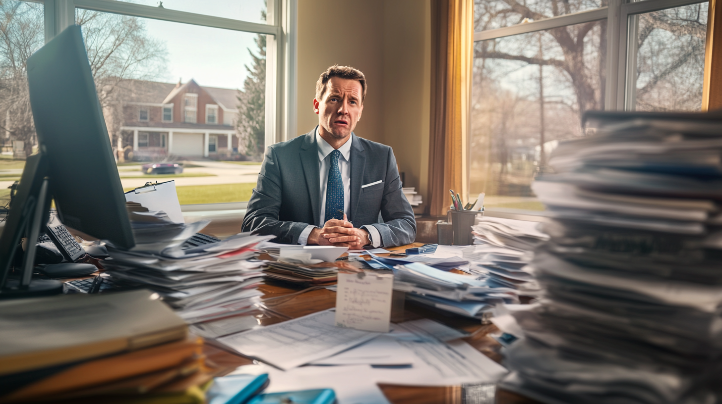 Stressed lawyer surrounded by paperwork